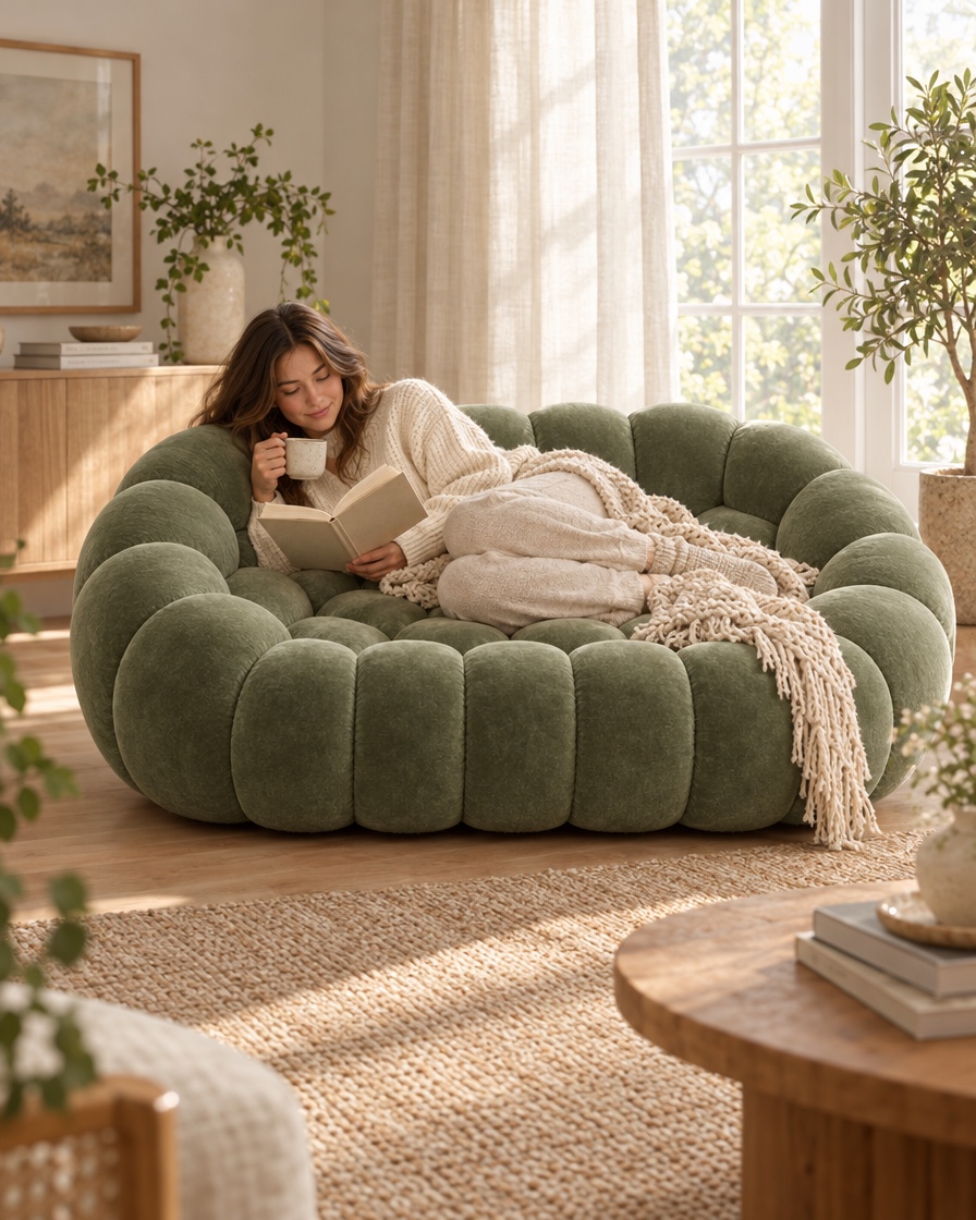 Femme lisant, allongée sur le canapé-bulle vert sauge