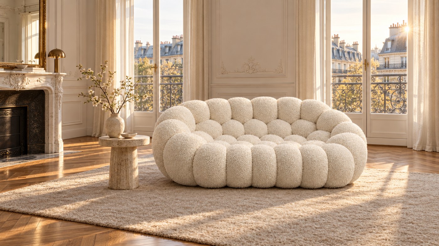 Canapé-bulle Neige dans un salon haussmannien